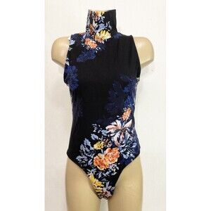 NWT FREE PEOPLE Bodysuit L Large Sleeveless High Neck Evening Shirt Blue Floral